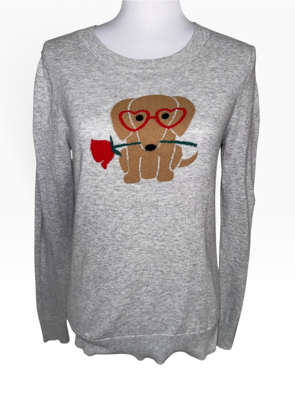 Banana Republic Women’s S Gray Dog Rose Heart Glasses Valentine Sweater